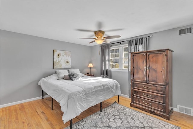 bedroom with light wood finished floors, visible vents, and baseboards