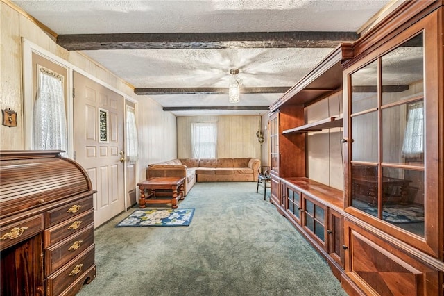 living area featuring beam ceiling, carpet floors, and a textured ceiling