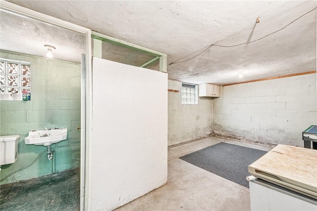 basement with a sink and concrete block wall