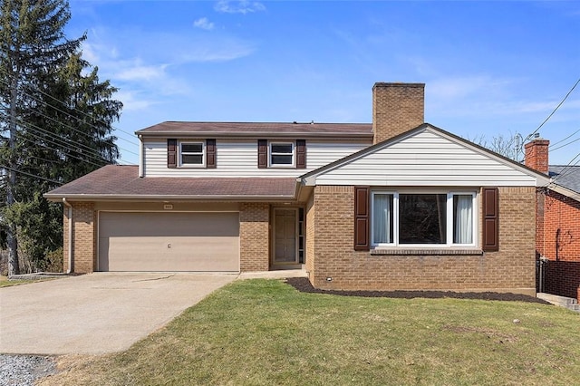 traditional-style home featuring brick siding, driveway, a chimney, and a front yard