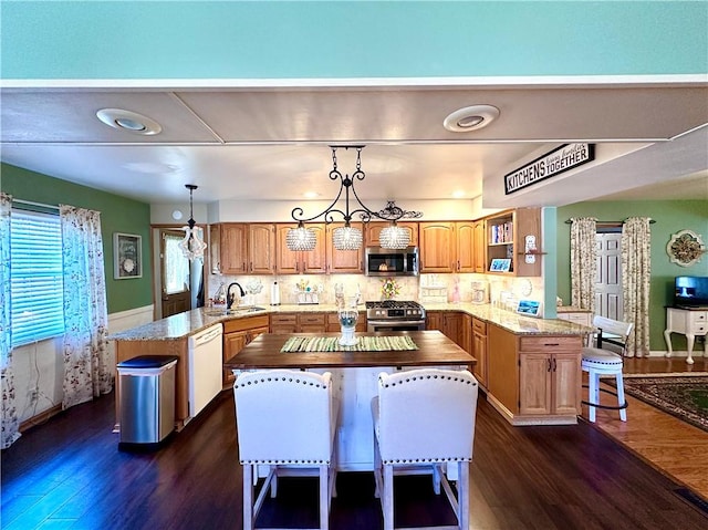 kitchen featuring dark wood finished floors, a peninsula, appliances with stainless steel finishes, and a sink