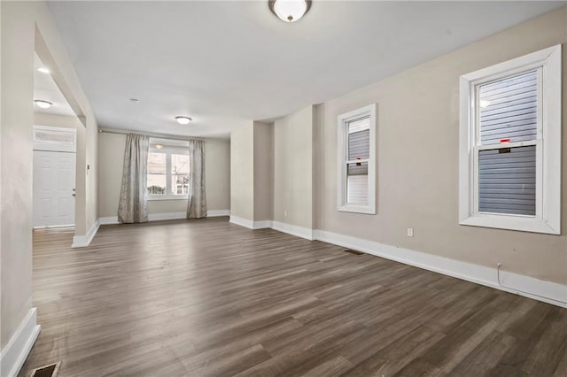 unfurnished living room featuring visible vents, baseboards, and dark wood-type flooring