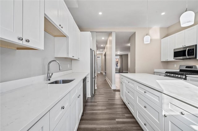 kitchen with a sink, dark wood-type flooring, white cabinetry, and stainless steel appliances