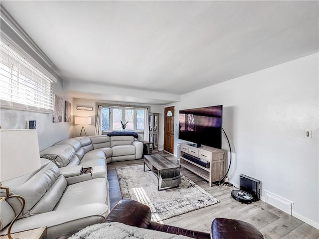 living area with baseboards and wood finished floors