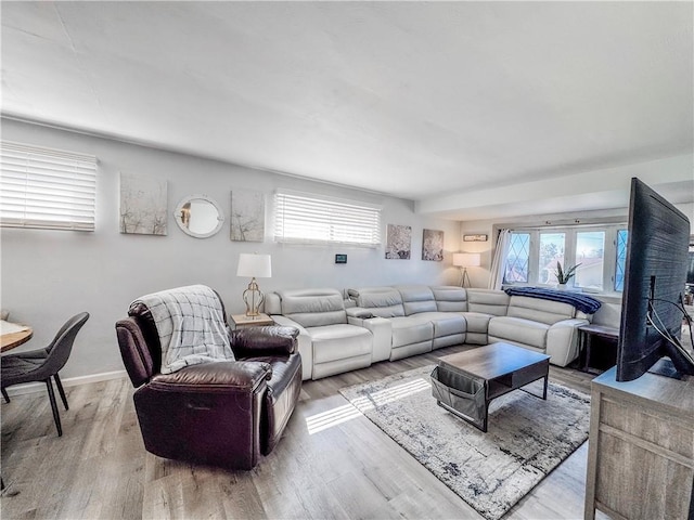 living area featuring a wealth of natural light, light wood finished floors, and baseboards