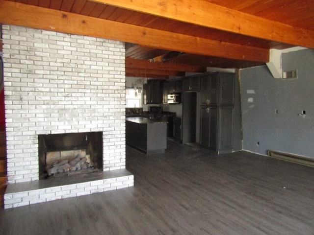 unfurnished living room with dark wood-style floors, beamed ceiling, a brick fireplace, and wooden ceiling