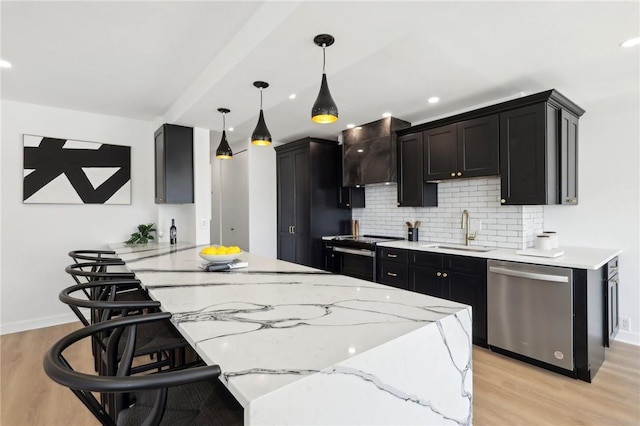 kitchen featuring stainless steel dishwasher, a sink, range with electric cooktop, light wood finished floors, and wall chimney exhaust hood