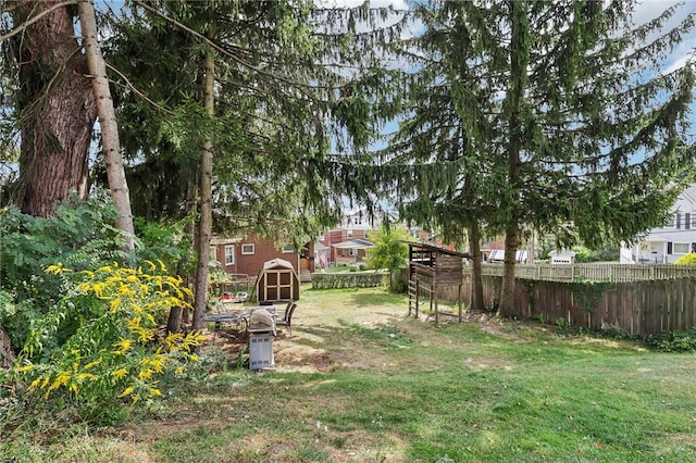 view of yard with a storage unit, an outdoor structure, and fence