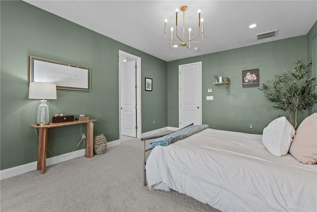 bedroom featuring visible vents, carpet floors, baseboards, and an inviting chandelier