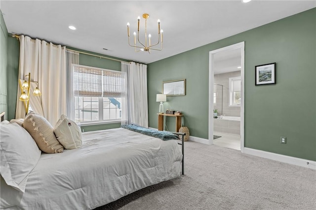 bedroom with a chandelier, multiple windows, baseboards, and carpet