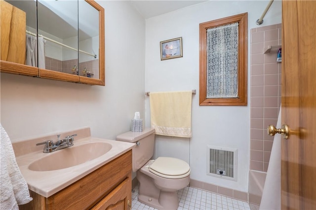 bathroom with vanity, shower / bathtub combination with curtain, visible vents, tile patterned flooring, and toilet