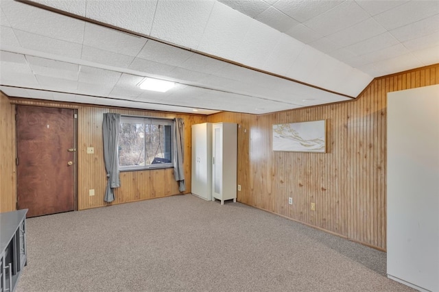 below grade area with wood walls and carpet flooring