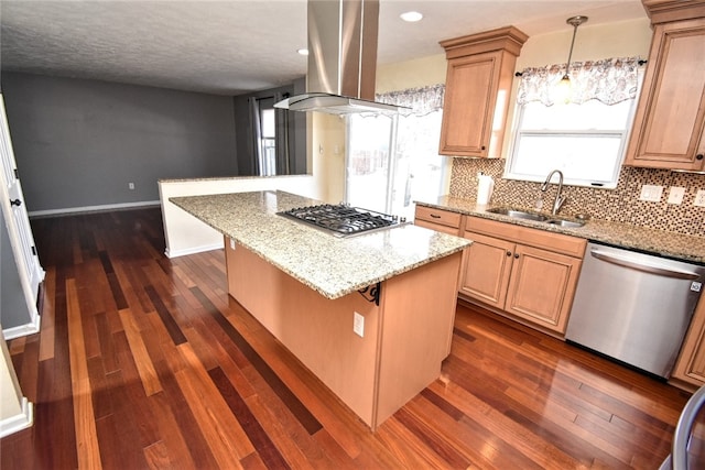 kitchen featuring a sink, backsplash, dark wood-style floors, stainless steel appliances, and island range hood