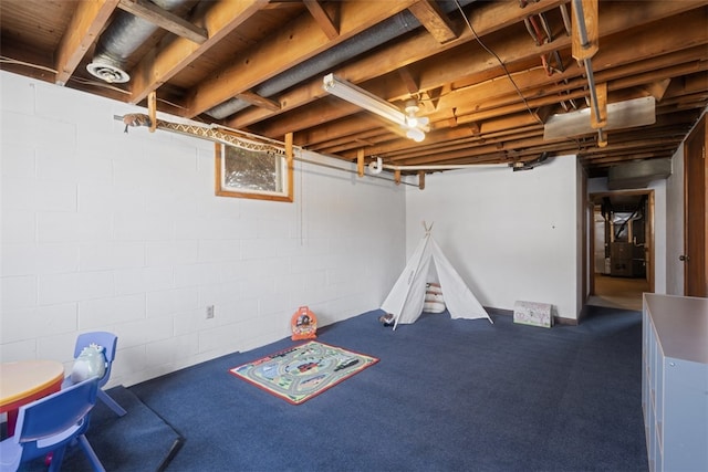 unfinished basement with dark colored carpet