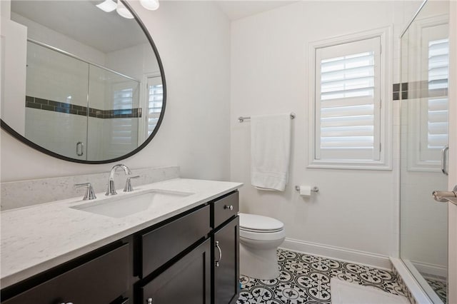 full bath featuring a shower stall, baseboards, toilet, tile patterned floors, and vanity