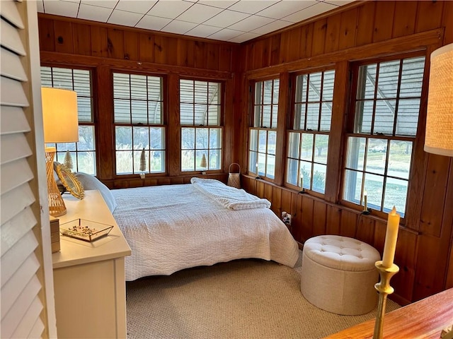 bedroom with wood walls and carpet floors