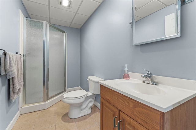 full bath with a drop ceiling, visible vents, a stall shower, and tile patterned flooring