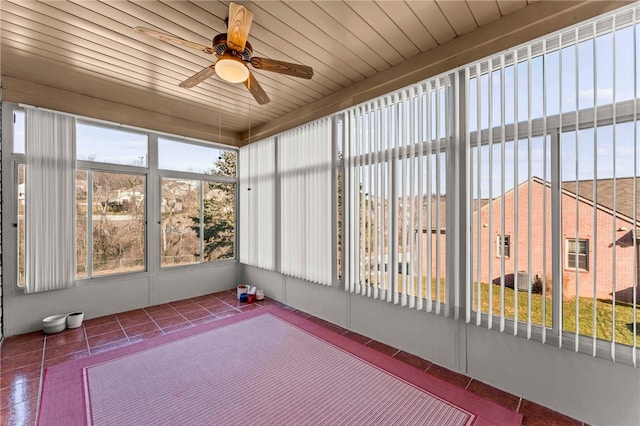 unfurnished sunroom featuring wooden ceiling and ceiling fan