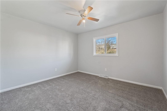 empty room featuring visible vents, ceiling fan, baseboards, and carpet floors