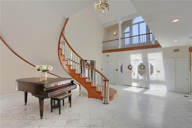 5125 Bear Run Rd, Cranberry Twp, PA 16066 - entryway featuring a high ceiling, stairs, marble finish flooring, recessed lighting, and a chandelier