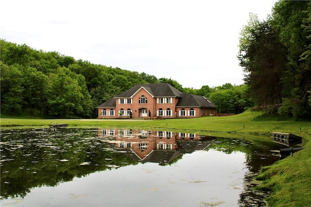 5125 Bear Run Rd, Cranberry Twp, PA 16066 - rear view of property with a water view, a forest view, and a lawn