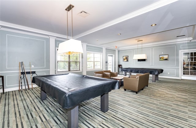 game room featuring visible vents, ornamental molding, carpet flooring, a decorative wall, and billiards