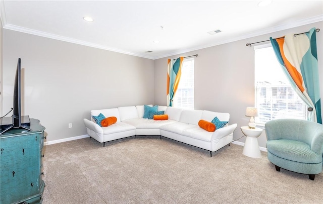 carpeted living area featuring visible vents, recessed lighting, baseboards, and ornamental molding