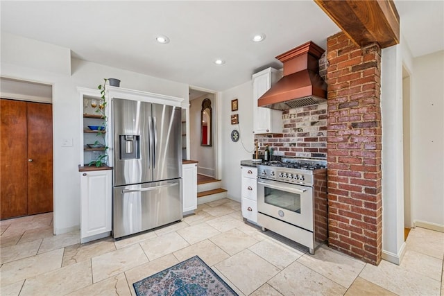 kitchen with backsplash, white cabinetry, recessed lighting, appliances with stainless steel finishes, and custom exhaust hood