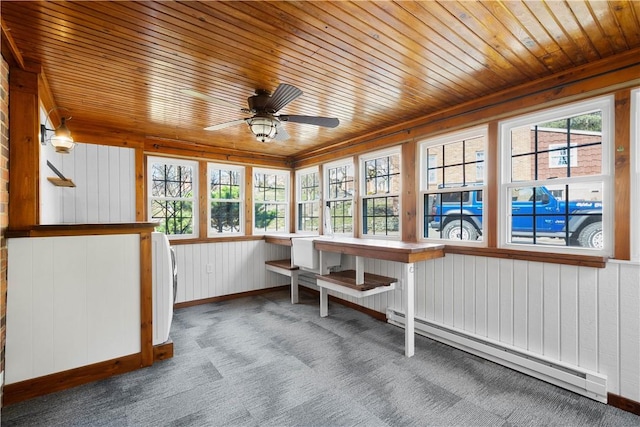 unfurnished sunroom with baseboard heating, wooden ceiling, and ceiling fan