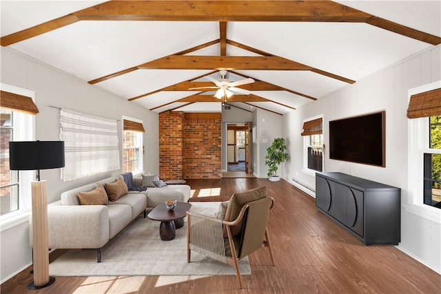 living room featuring hardwood / wood-style floors, vaulted ceiling with beams, ceiling fan, and a baseboard radiator