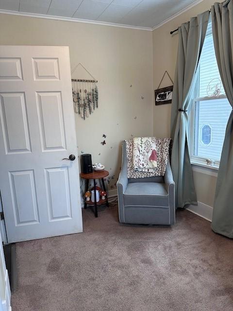 sitting room featuring plenty of natural light, carpet, and ornamental molding