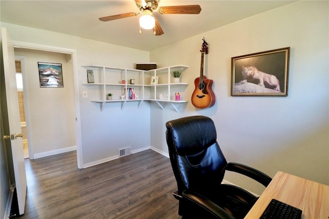 home office featuring baseboards, dark wood-style floors, visible vents, and ceiling fan