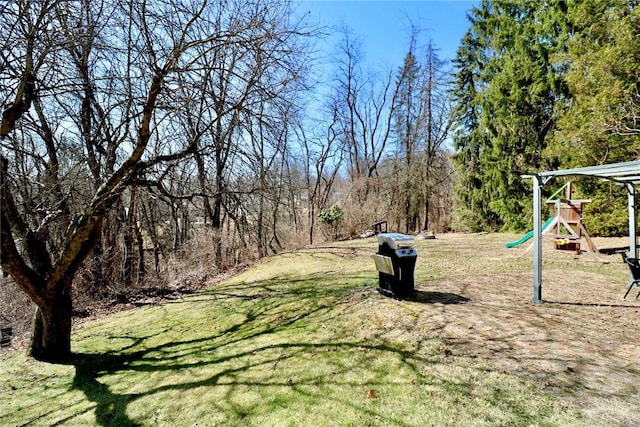 view of yard with a forest view and a playground