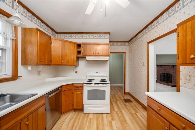 kitchen with wallpapered walls, electric range, dishwasher, and ornamental molding