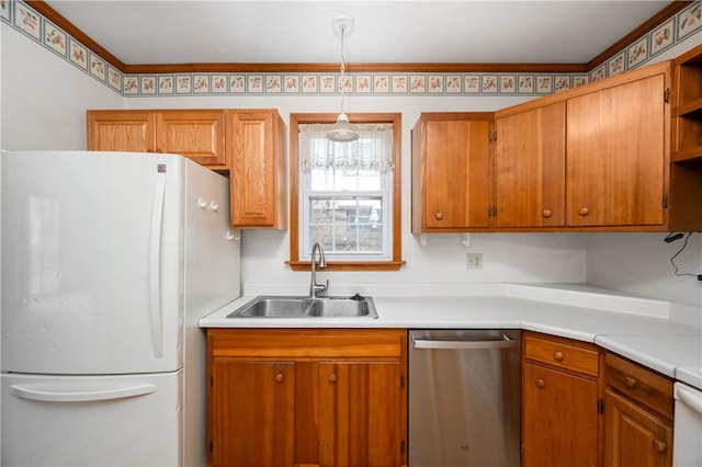 kitchen featuring a sink, open shelves, freestanding refrigerator, light countertops, and dishwasher