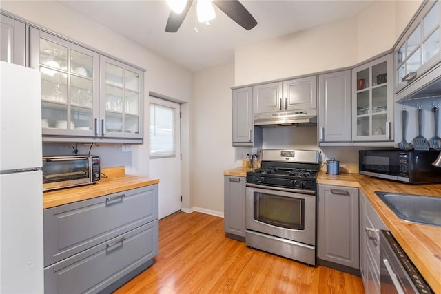 kitchen with under cabinet range hood, gray cabinets, appliances with stainless steel finishes, and butcher block countertops