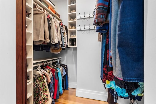 walk in closet with wood finished floors