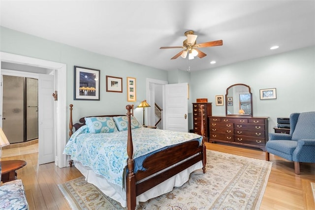 bedroom featuring recessed lighting, light wood-type flooring, and ceiling fan