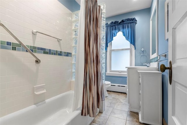 bathroom featuring shower / bath combo with shower curtain, toilet, a baseboard heating unit, tile patterned flooring, and vanity