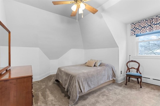 carpeted bedroom featuring vaulted ceiling, a ceiling fan, and baseboards