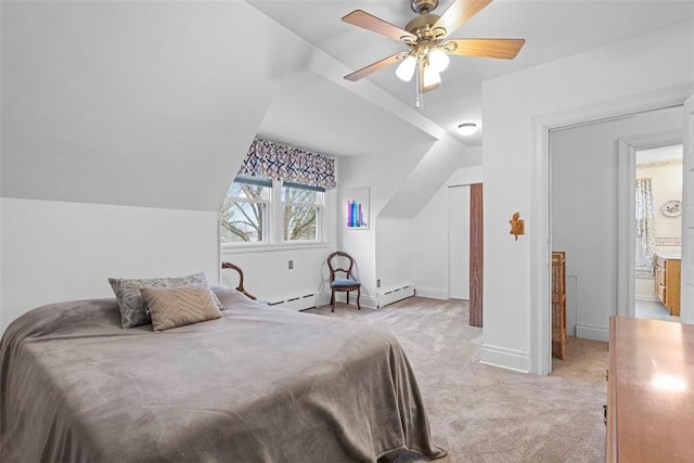 bedroom featuring baseboards, light carpet, lofted ceiling, and ceiling fan