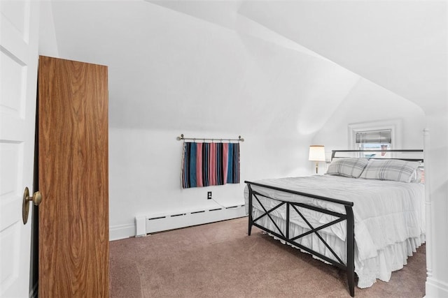 carpeted bedroom featuring baseboard heating and lofted ceiling