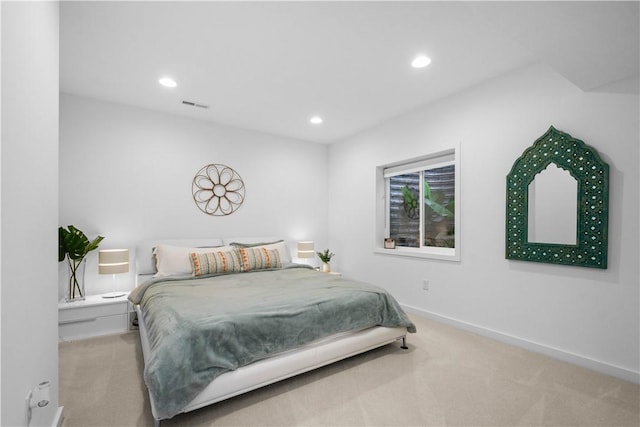 carpeted bedroom featuring visible vents, recessed lighting, and baseboards