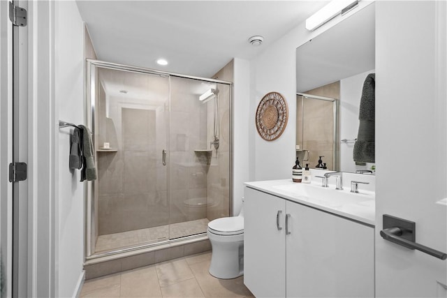 full bathroom featuring tile patterned floors, toilet, recessed lighting, a shower stall, and vanity