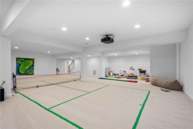 playroom featuring visible vents, recessed lighting, and carpet flooring