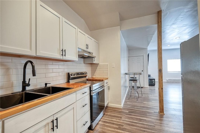 kitchen featuring light wood-style flooring, a sink, under cabinet range hood, appliances with stainless steel finishes, and backsplash