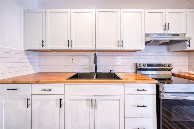 kitchen with butcher block countertops, under cabinet range hood, a sink, tasteful backsplash, and stainless steel electric range