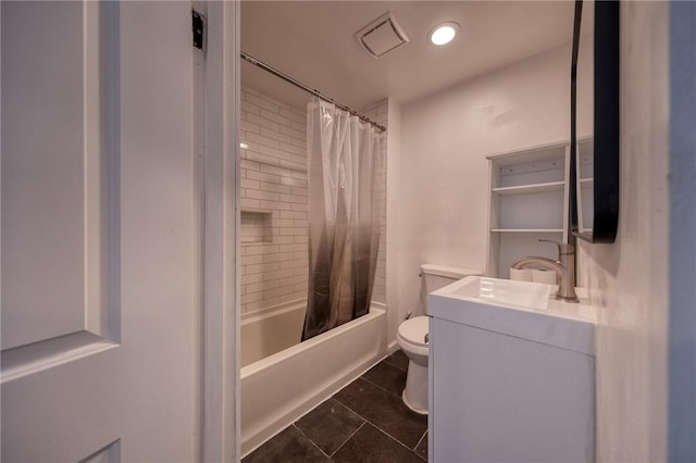 bathroom with tile patterned floors, visible vents, toilet, shower / tub combo with curtain, and vanity