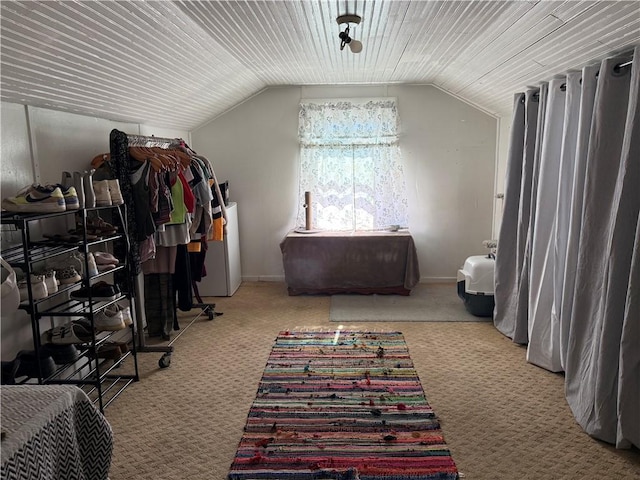 additional living space featuring wood ceiling, lofted ceiling, and carpet floors