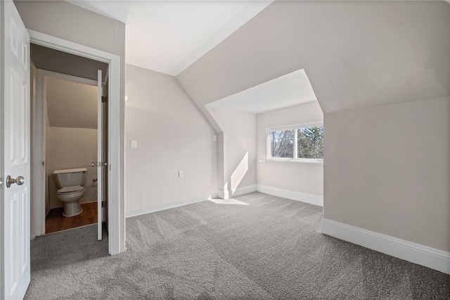 additional living space with baseboards, lofted ceiling, and carpet floors